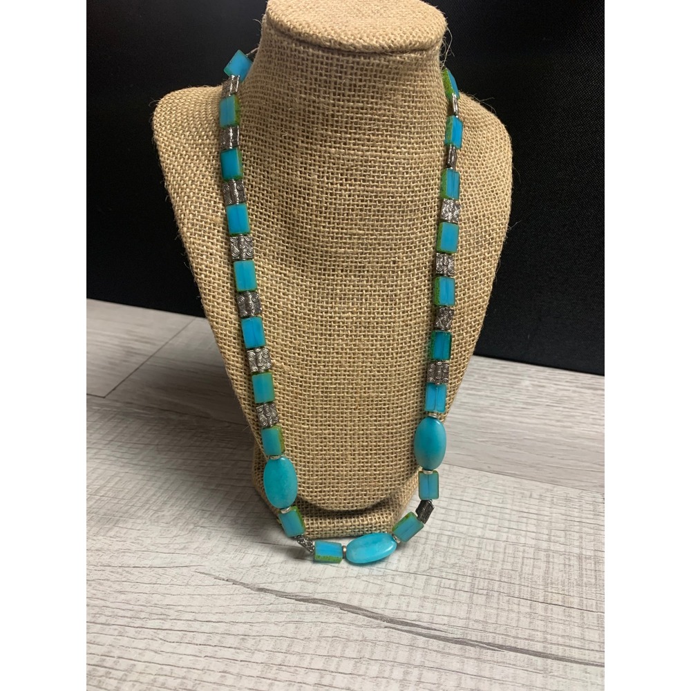 Turquoise Blue Beaded Toggle Necklace Silver Tone Swirl Spacers 24 Inch Boho